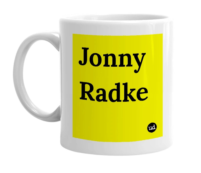 White mug with 'Jonny Radke' in bold black letters