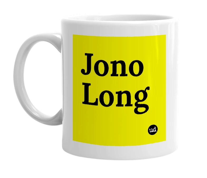 White mug with 'Jono Long' in bold black letters