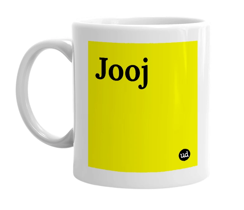 White mug with 'Jooj' in bold black letters