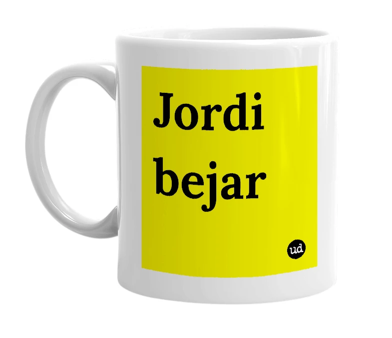 White mug with 'Jordi bejar' in bold black letters