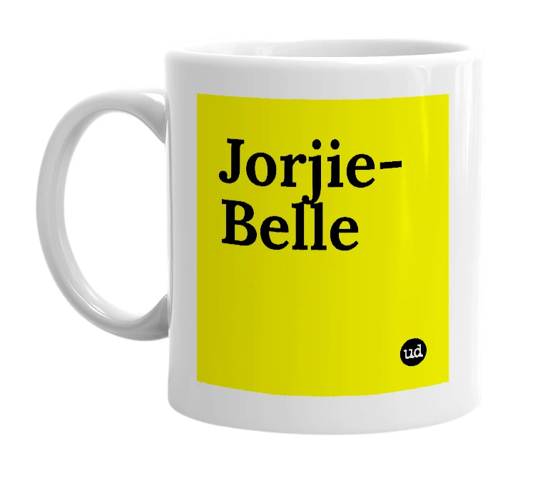 White mug with 'Jorjie-Belle' in bold black letters