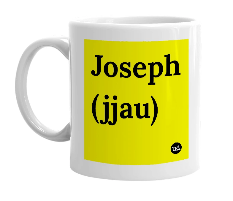 White mug with 'Joseph (jjau)' in bold black letters