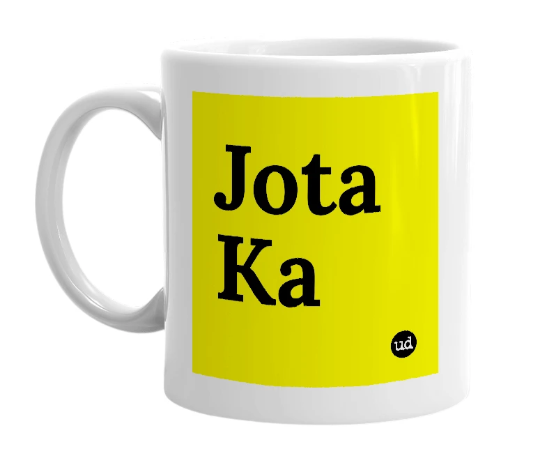 White mug with 'Jota Ka' in bold black letters