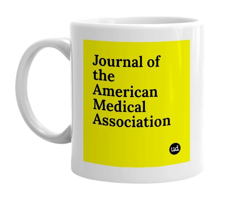 White mug with 'Journal of the American Medical Association' in bold black letters