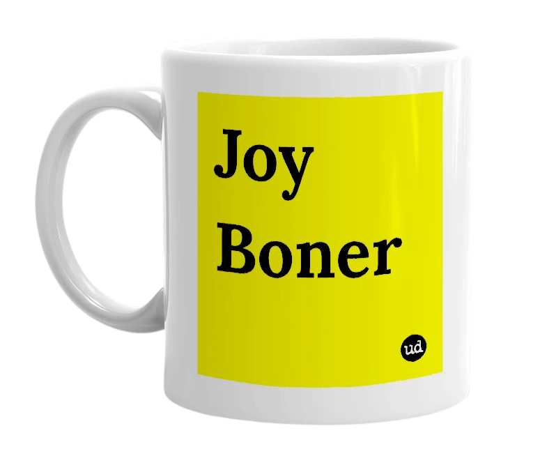 White mug with 'Joy Boner' in bold black letters