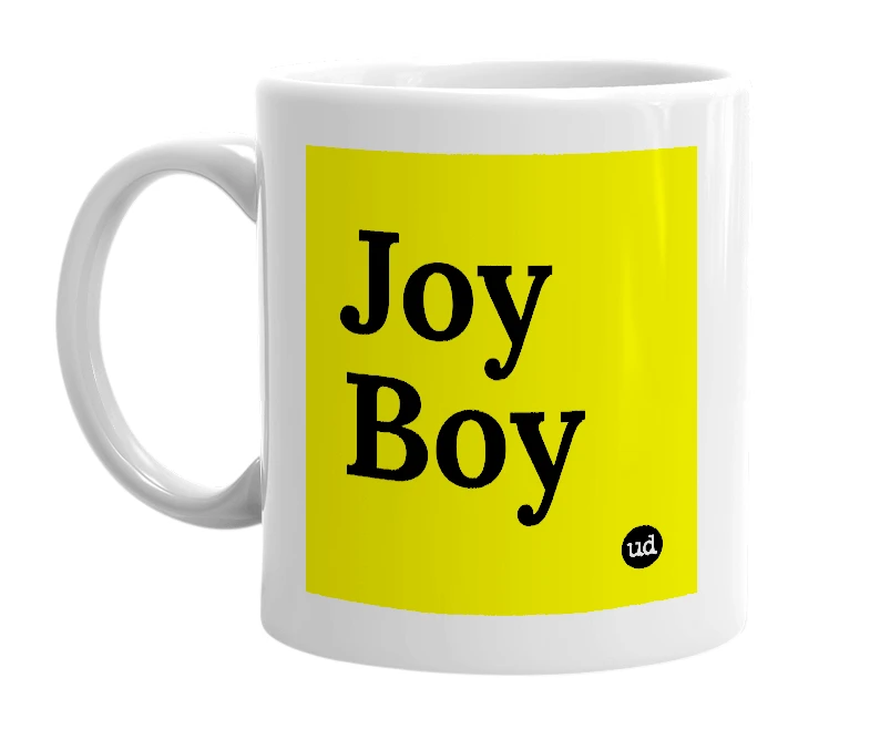 White mug with 'Joy Boy' in bold black letters