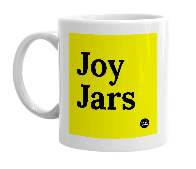 White mug with 'Joy Jars' in bold black letters