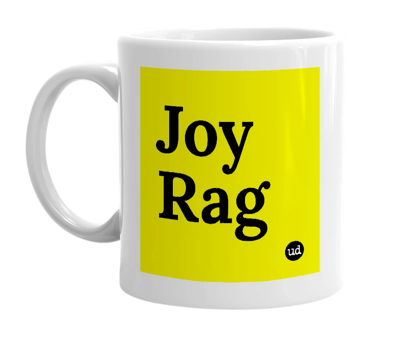 White mug with 'Joy Rag' in bold black letters