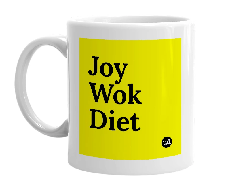 White mug with 'Joy Wok Diet' in bold black letters