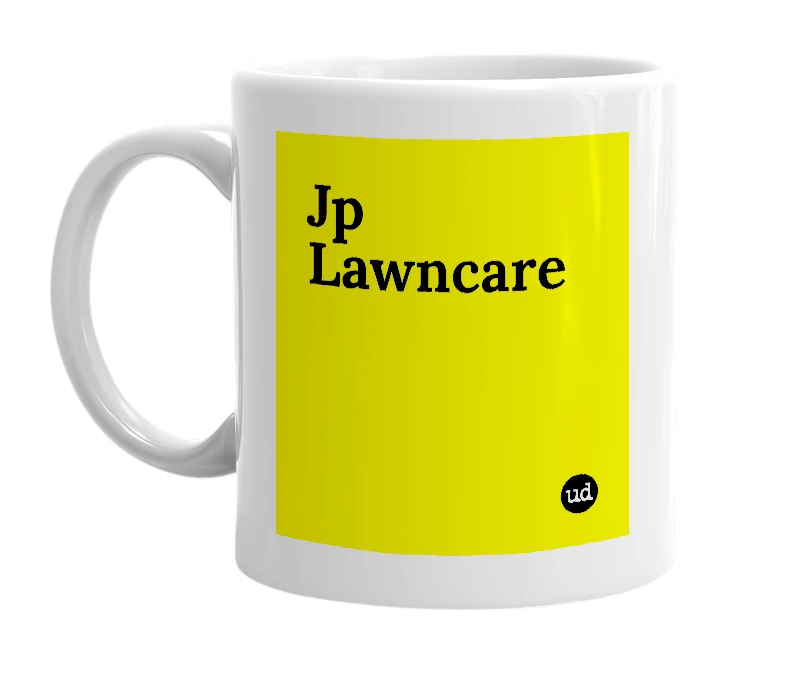 White mug with 'Jp Lawncare' in bold black letters