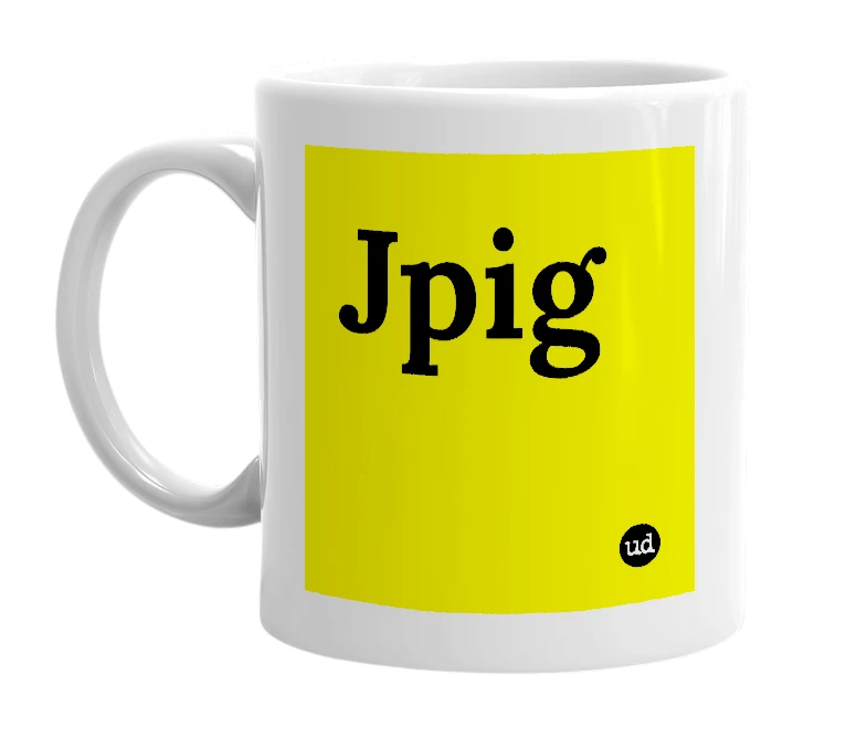White mug with 'Jpig' in bold black letters