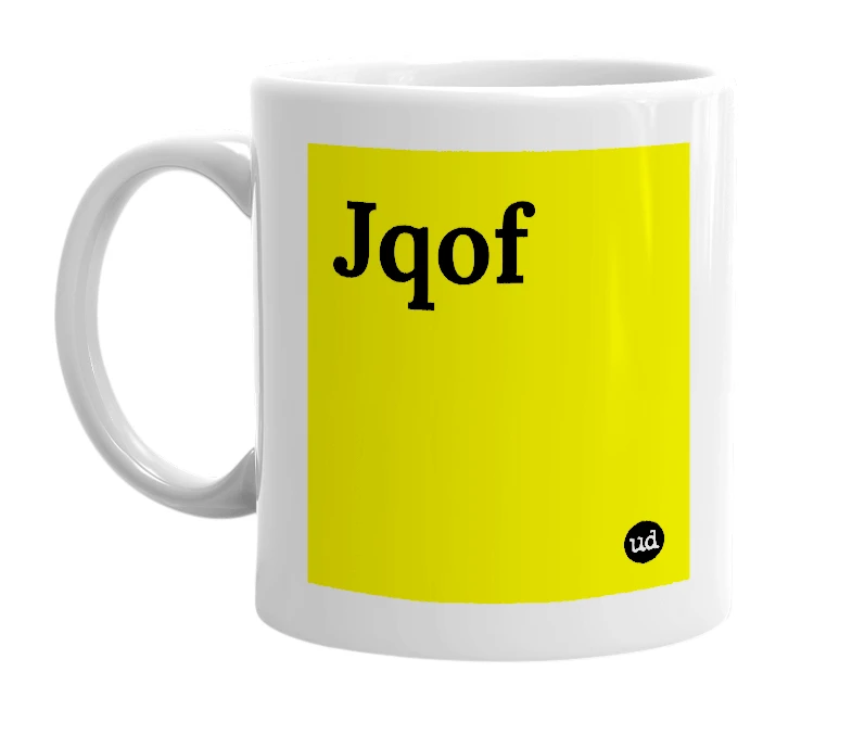 White mug with 'Jqof' in bold black letters