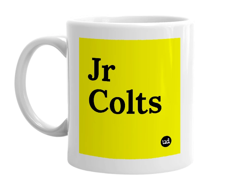 White mug with 'Jr Colts' in bold black letters