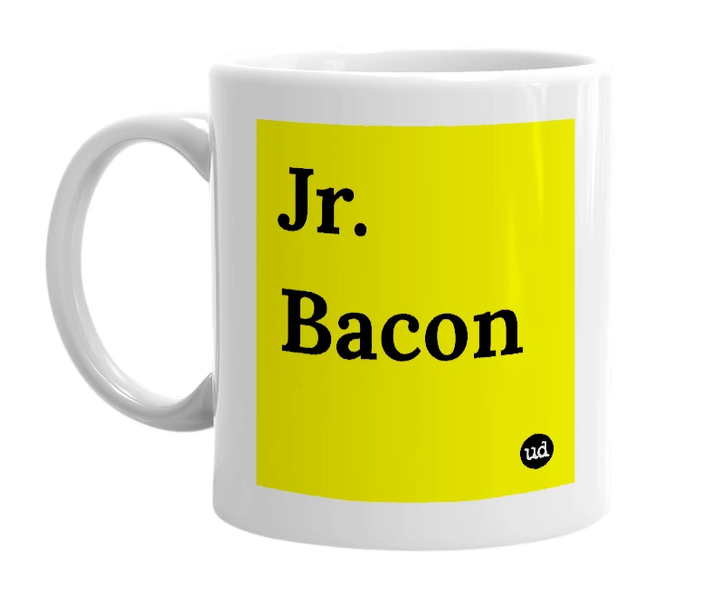 White mug with 'Jr. Bacon' in bold black letters
