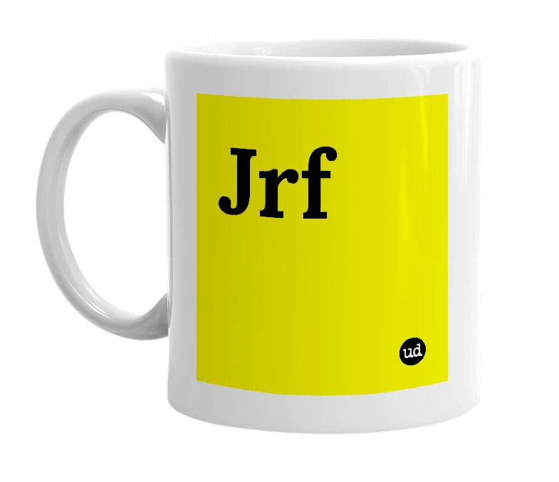 White mug with 'Jrf' in bold black letters