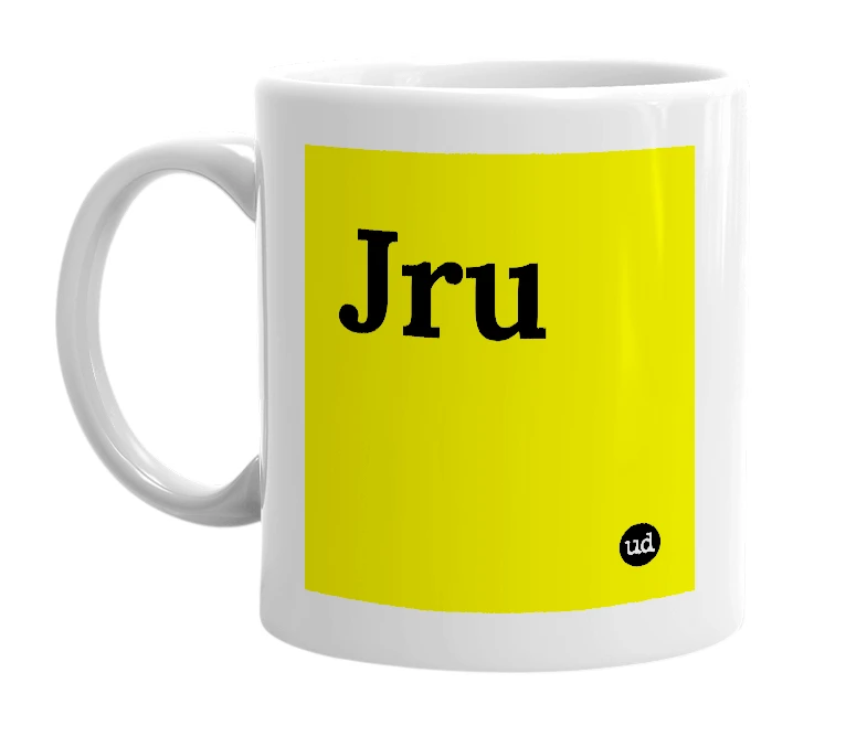 White mug with 'Jru' in bold black letters