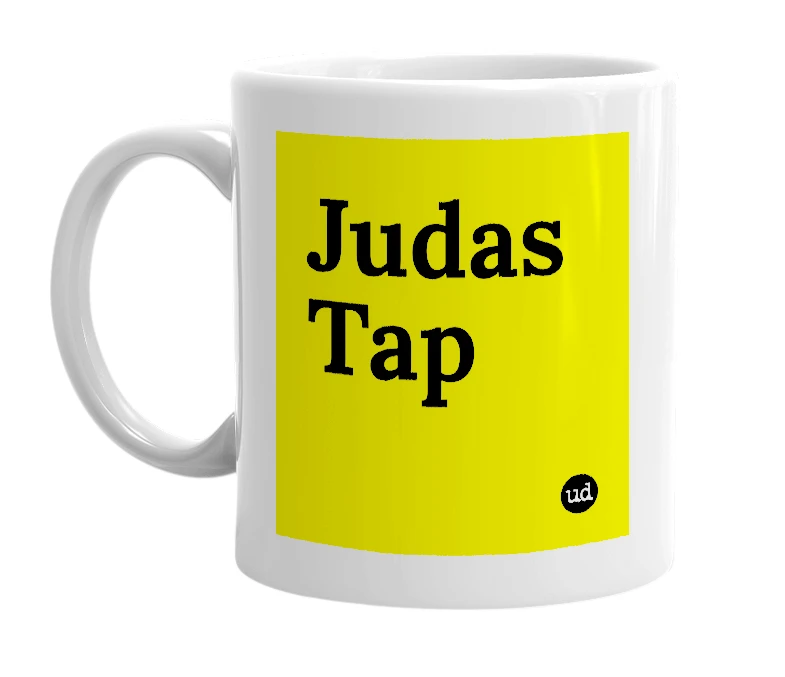 White mug with 'Judas Tap' in bold black letters