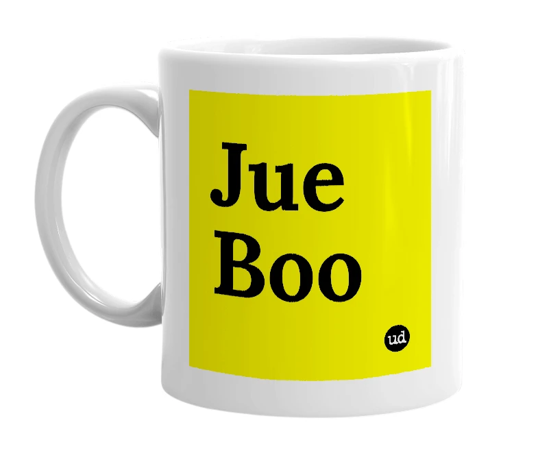 White mug with 'Jue Boo' in bold black letters