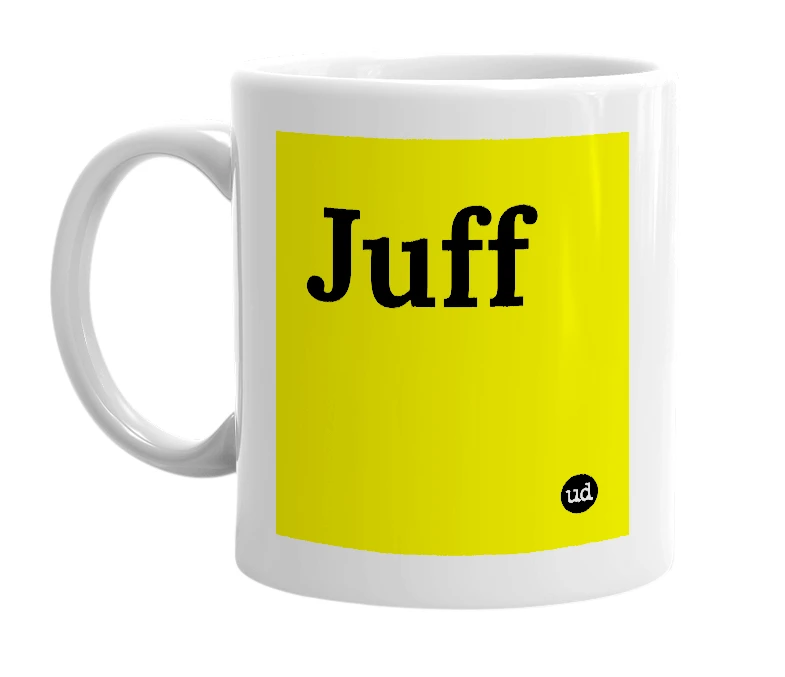 White mug with 'Juff' in bold black letters