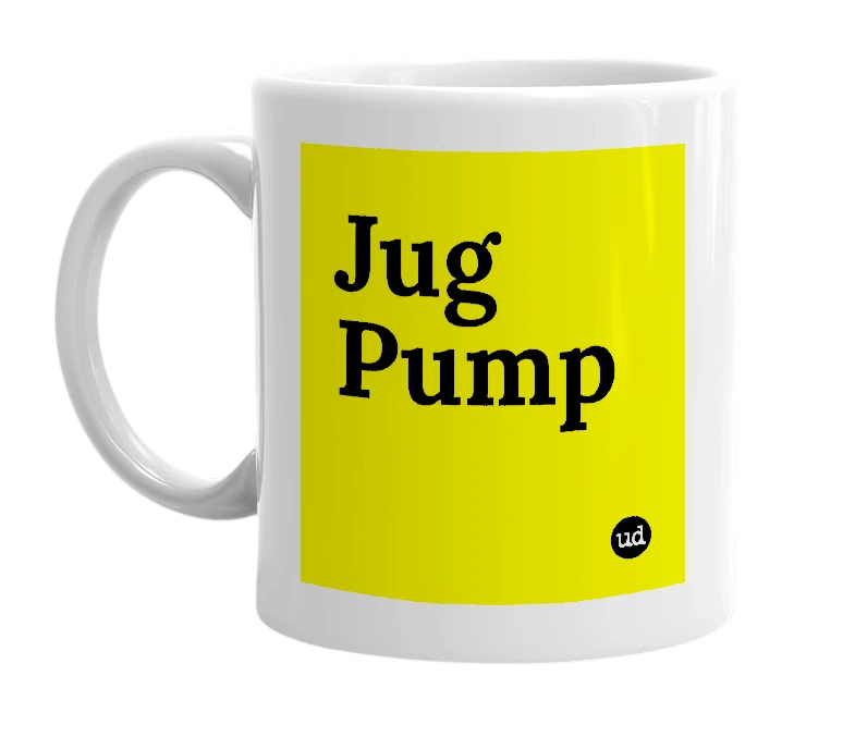 White mug with 'Jug Pump' in bold black letters