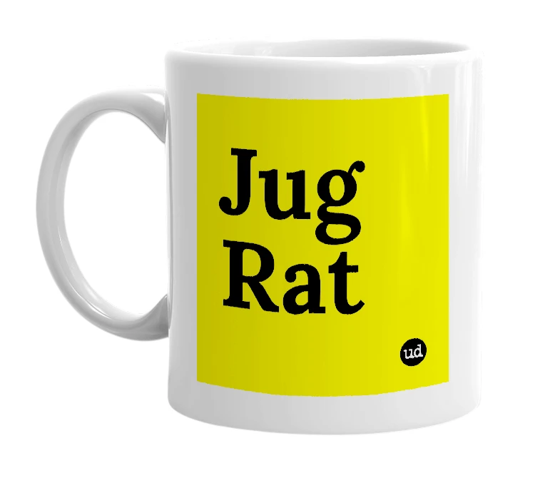 White mug with 'Jug Rat' in bold black letters