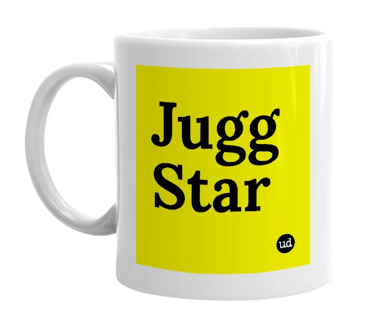 White mug with 'Jugg Star' in bold black letters