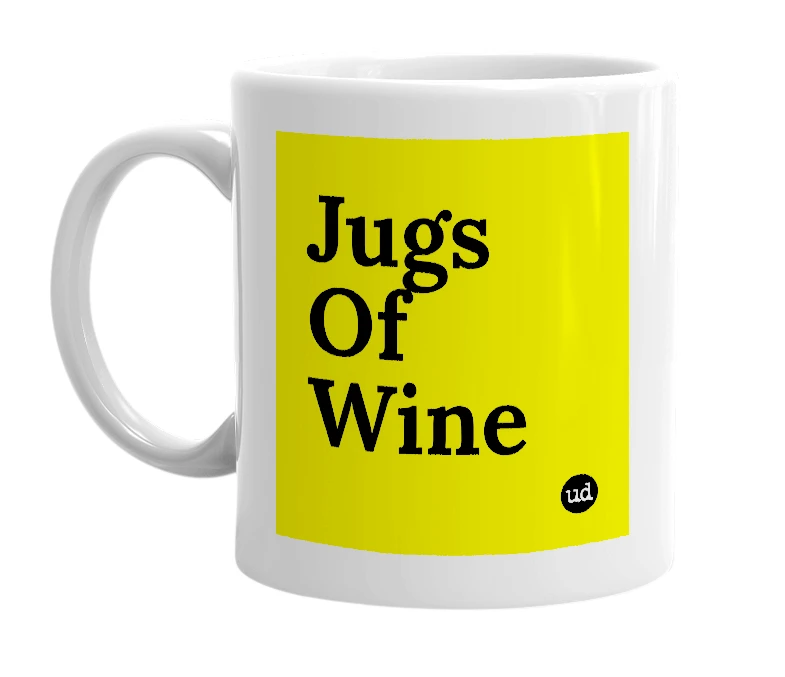 White mug with 'Jugs Of Wine' in bold black letters
