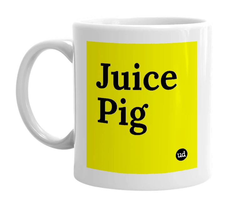 White mug with 'Juice Pig' in bold black letters