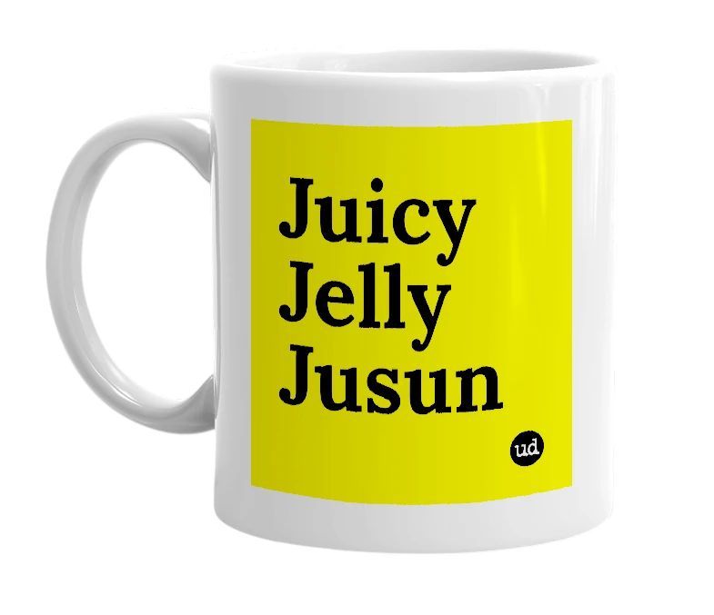 White mug with 'Juicy Jelly Jusun' in bold black letters