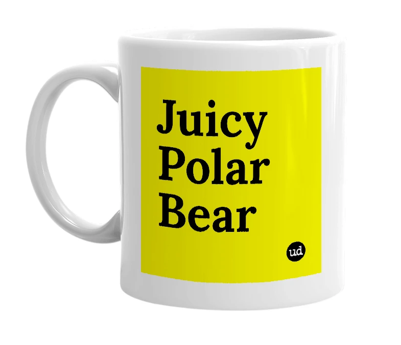White mug with 'Juicy Polar Bear' in bold black letters