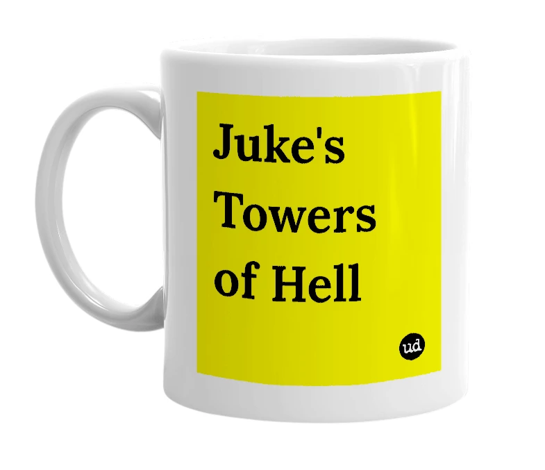 White mug with 'Juke's Towers of Hell' in bold black letters