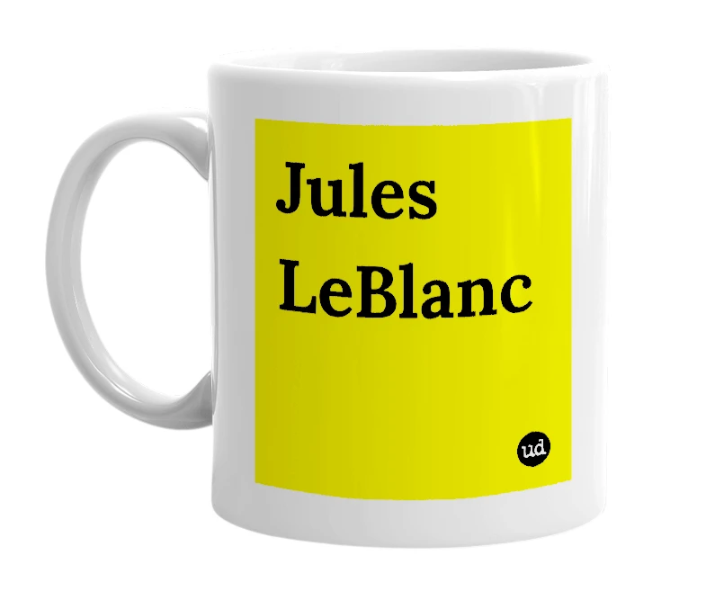 White mug with 'Jules LeBlanc' in bold black letters
