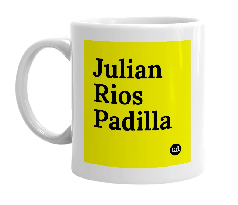 White mug with 'Julian Rios Padilla' in bold black letters