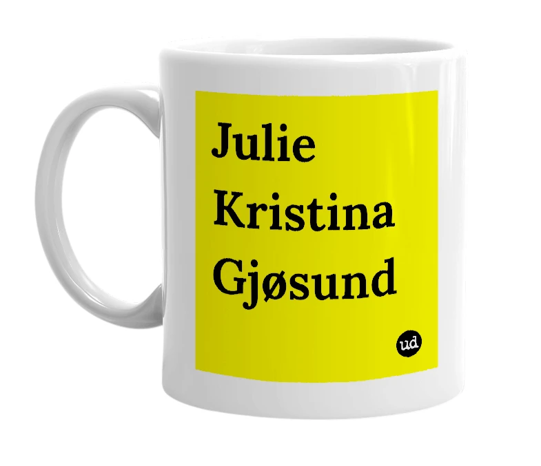 White mug with 'Julie Kristina Gjøsund' in bold black letters
