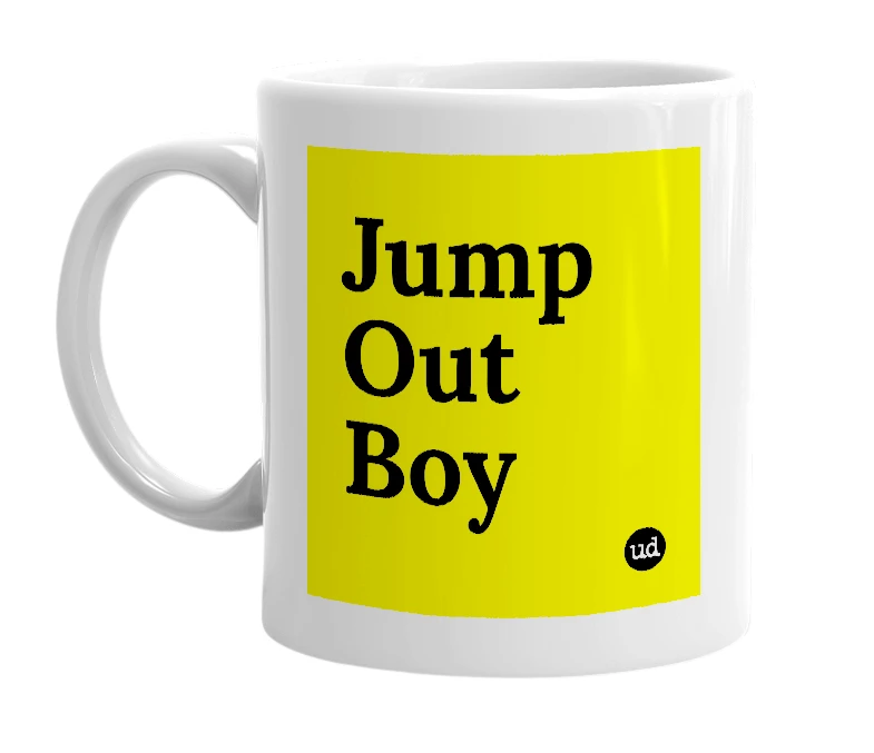 White mug with 'Jump Out Boy' in bold black letters