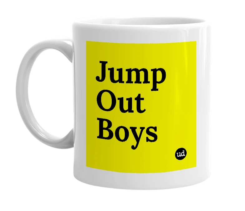 White mug with 'Jump Out Boys' in bold black letters