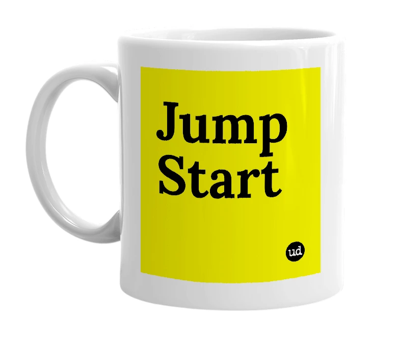 White mug with 'Jump Start' in bold black letters
