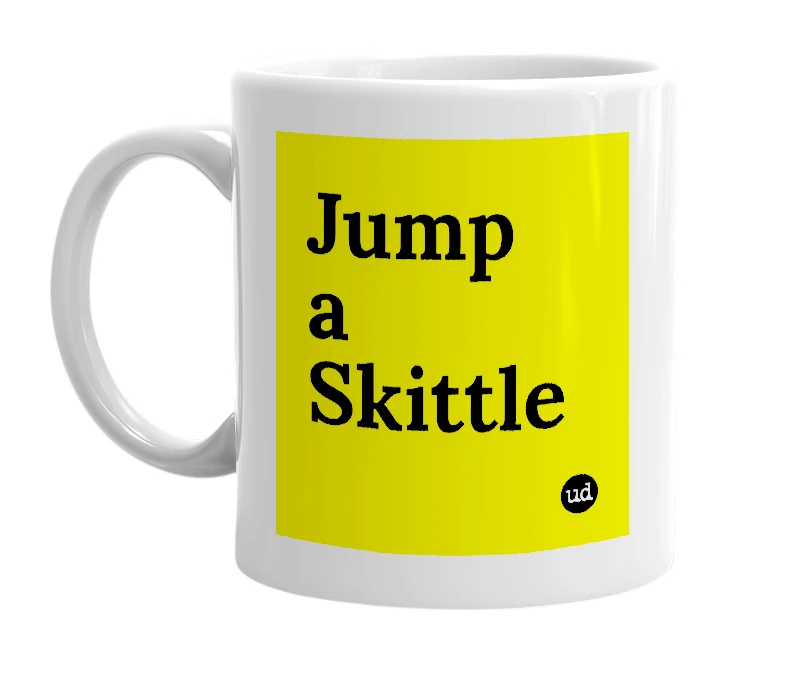 White mug with 'Jump a Skittle' in bold black letters