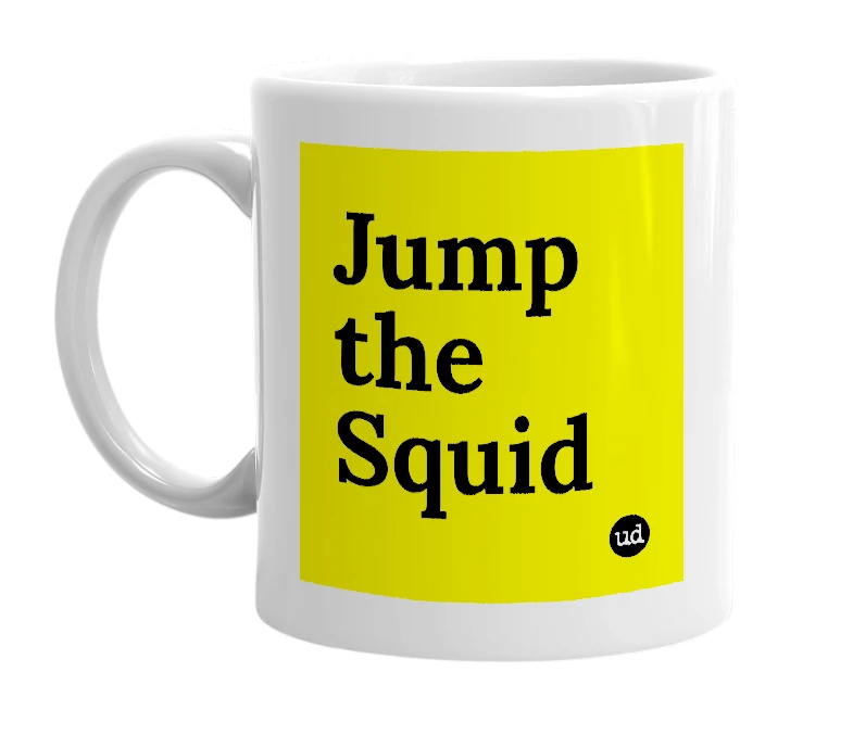 White mug with 'Jump the Squid' in bold black letters