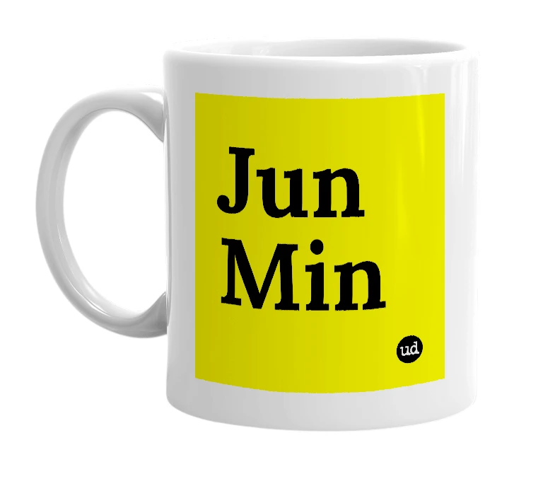 White mug with 'Jun Min' in bold black letters