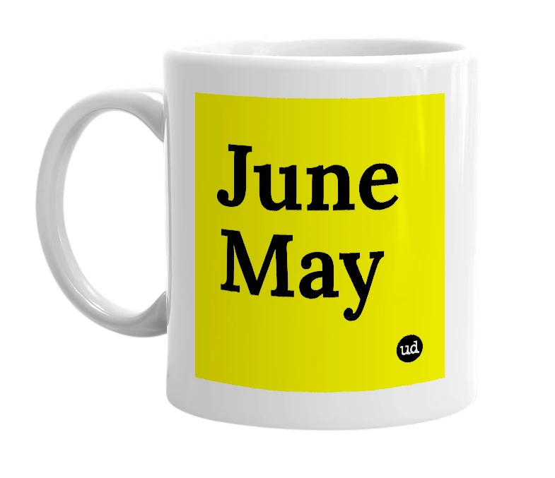 White mug with 'June May' in bold black letters