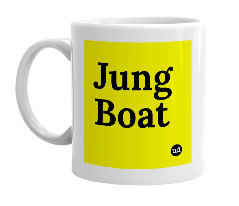 White mug with 'Jung Boat' in bold black letters