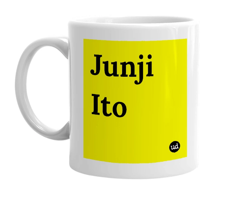 White mug with 'Junji Ito' in bold black letters