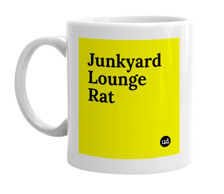White mug with 'Junkyard Lounge Rat' in bold black letters