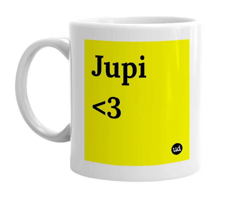 White mug with 'Jupi <3' in bold black letters
