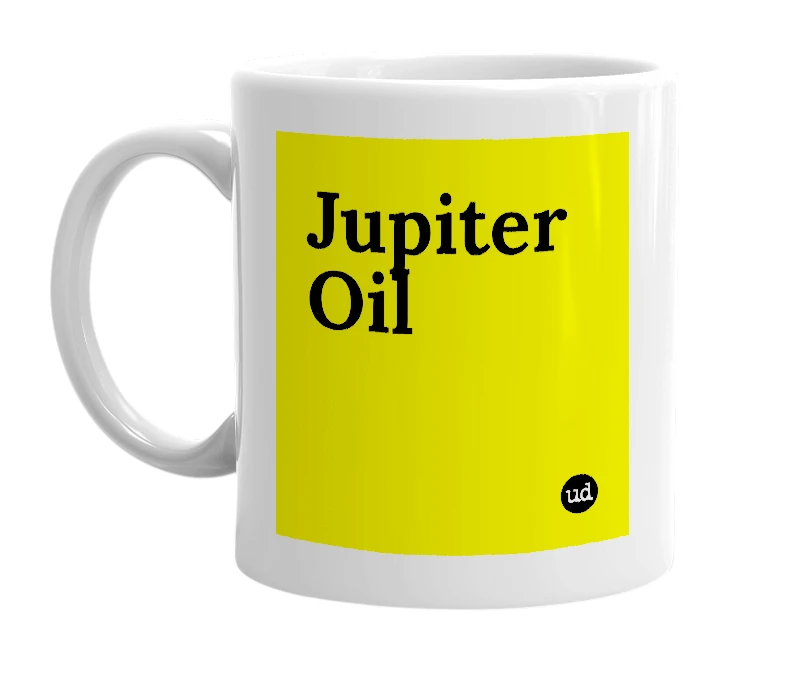 White mug with 'Jupiter Oil' in bold black letters
