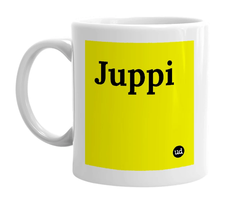 White mug with 'Juppi' in bold black letters
