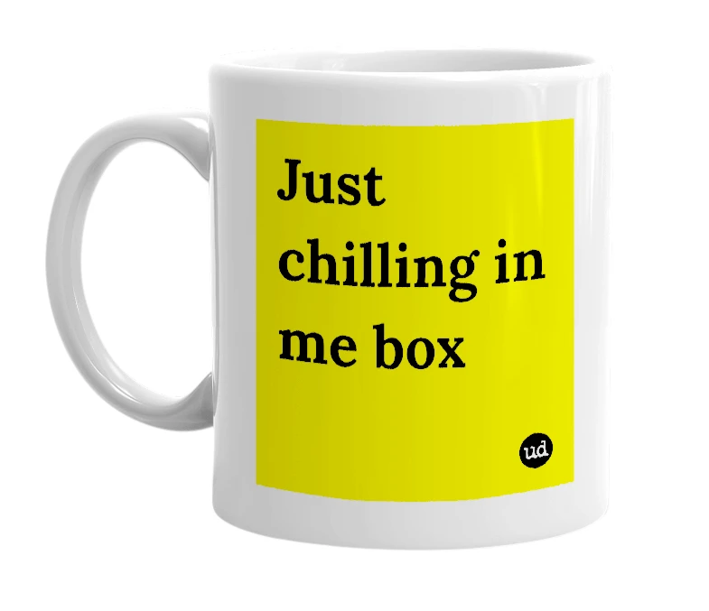 White mug with 'Just chilling in me box' in bold black letters