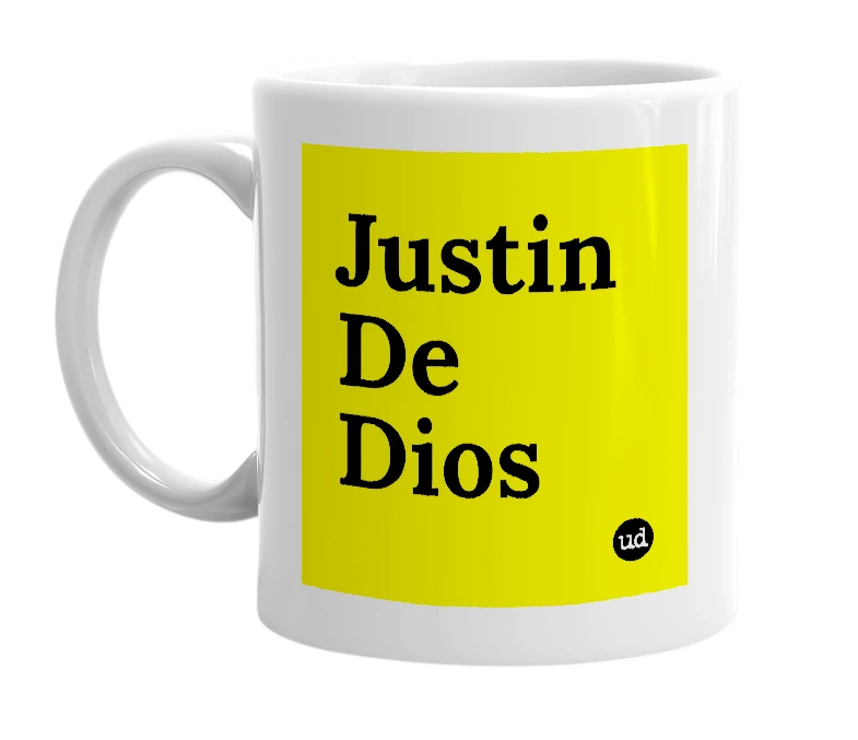 White mug with 'Justin De Dios' in bold black letters