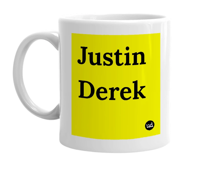 White mug with 'Justin Derek' in bold black letters